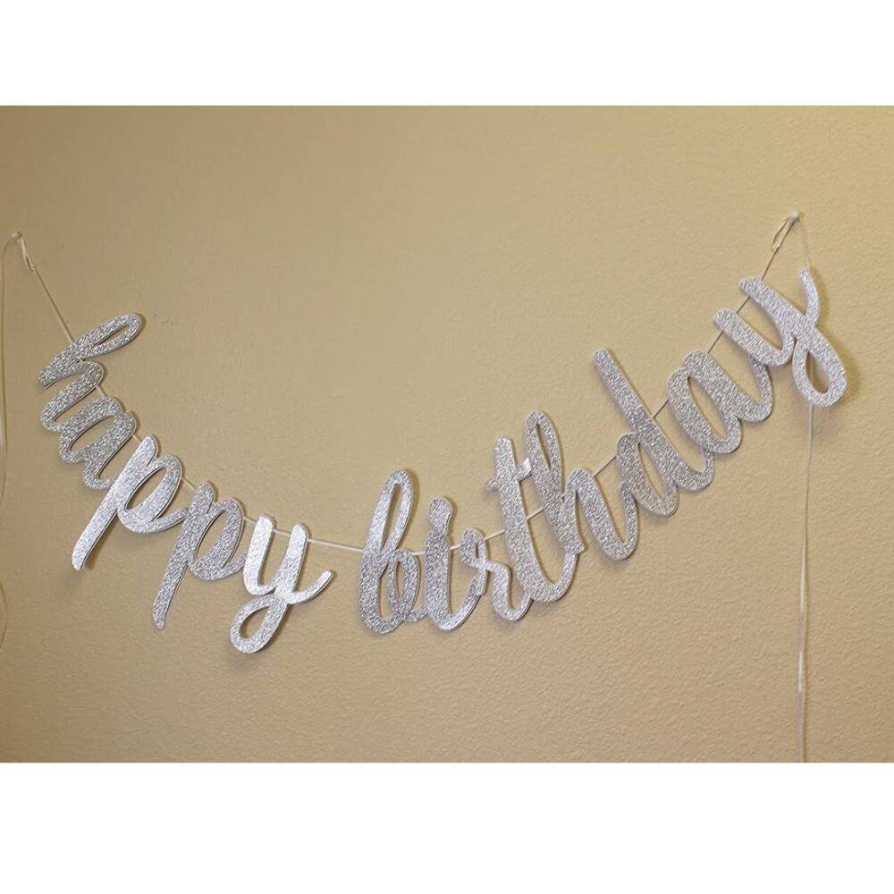 Happy Birthday Cursive Banner Silver Handcrafted Wall Party Decor Free Shipping